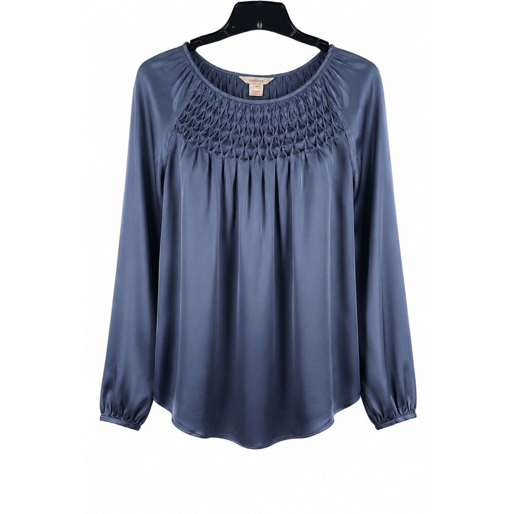 Sundance 100% Silk Pintuck Blouse Blue Long Sleeve Peasant Boho Top M